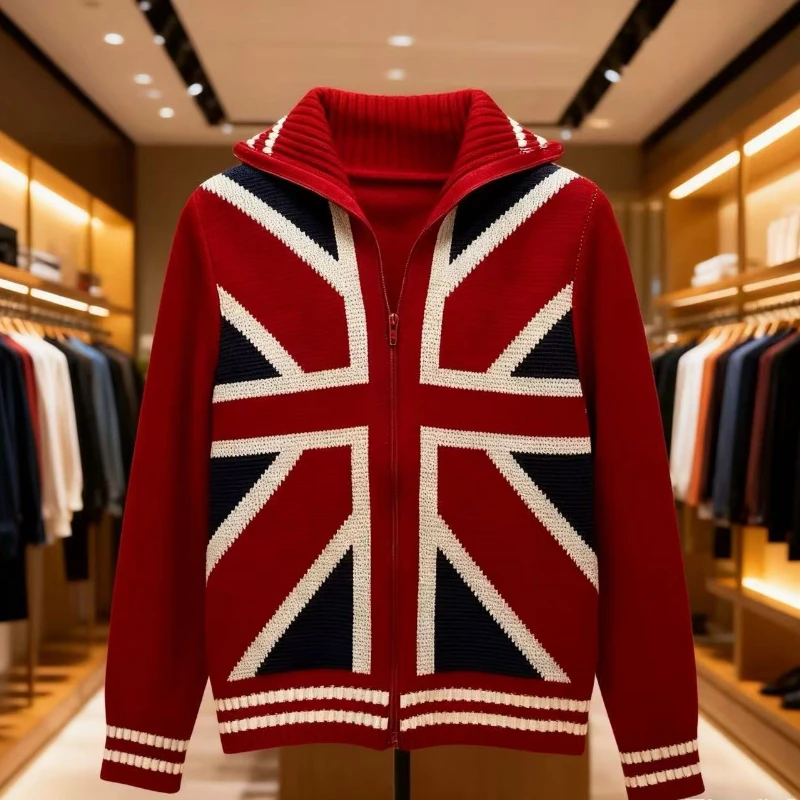 British style rice flag knitted cardigan for women in autumn and winter retro zipper stand collar men's sweater jacket