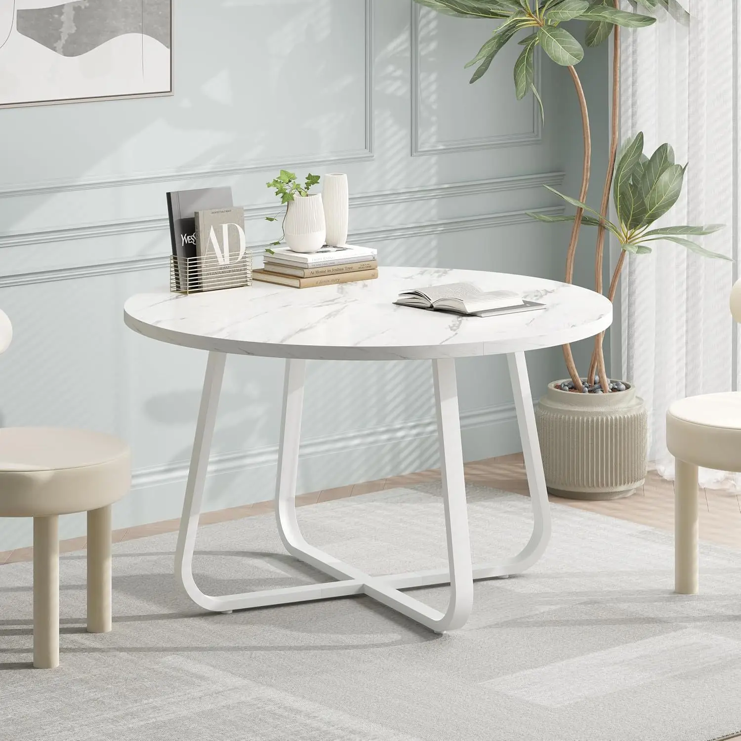 Round dining table marble rock slab surface steel wood combined coffee table restaurant family gathering