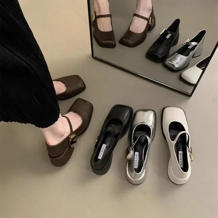 New Women Fashion Square Toe Close Toe Ankel Strap Mules Ladies Elegant Mary Jane Ballet Shoes Mid Heel Dress Pumps 2025