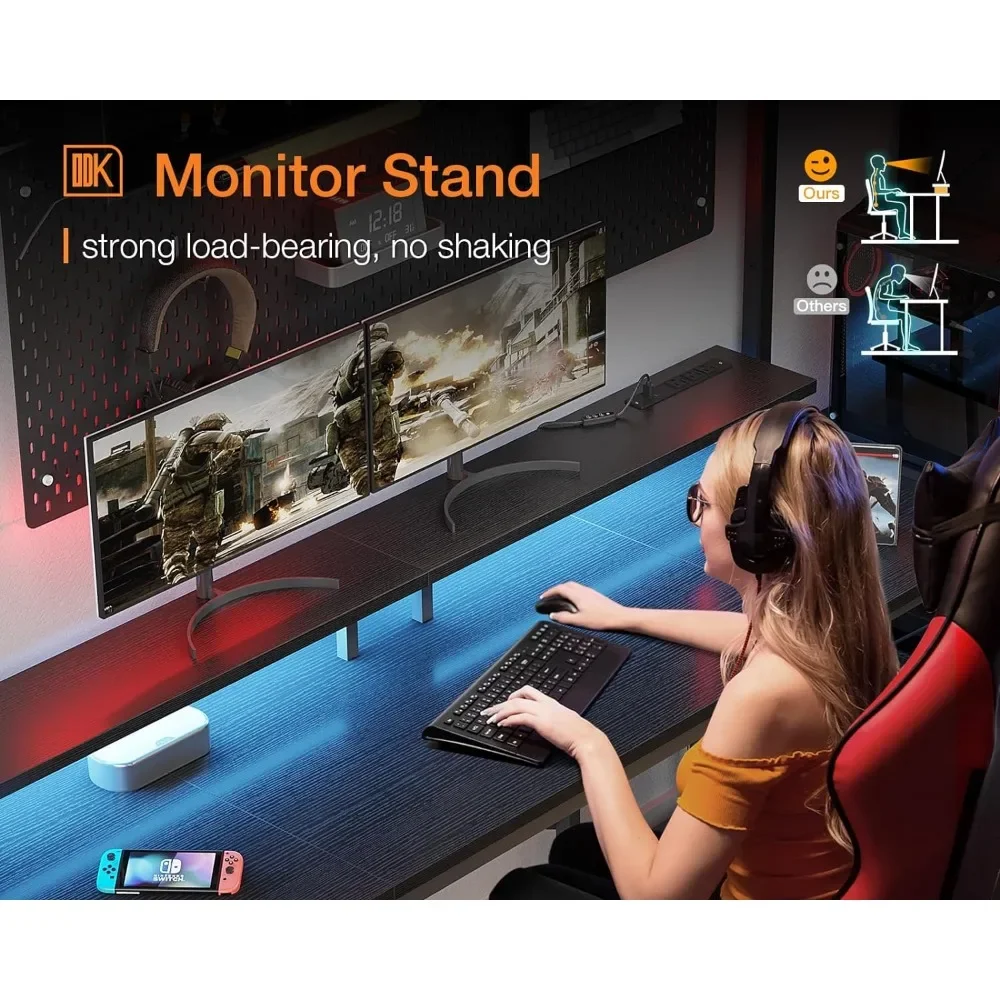 63 inch Computer Desk with Power Outlets & LED Lights, Gaming Desk with Monitor Stand & Storage Sheves, Home Office Desk