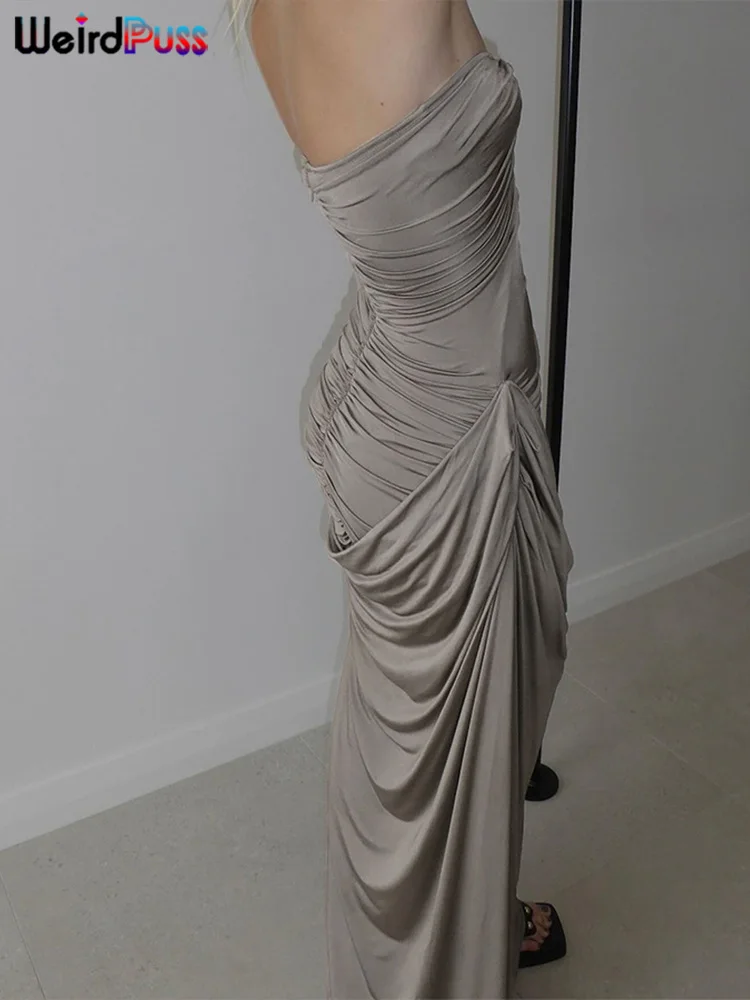 Estranho gato pêssego nádegas vestido feminino sólido profundo v dobras assimétrico sem alças magro bodycon meia-noite festa clubwear vestidos