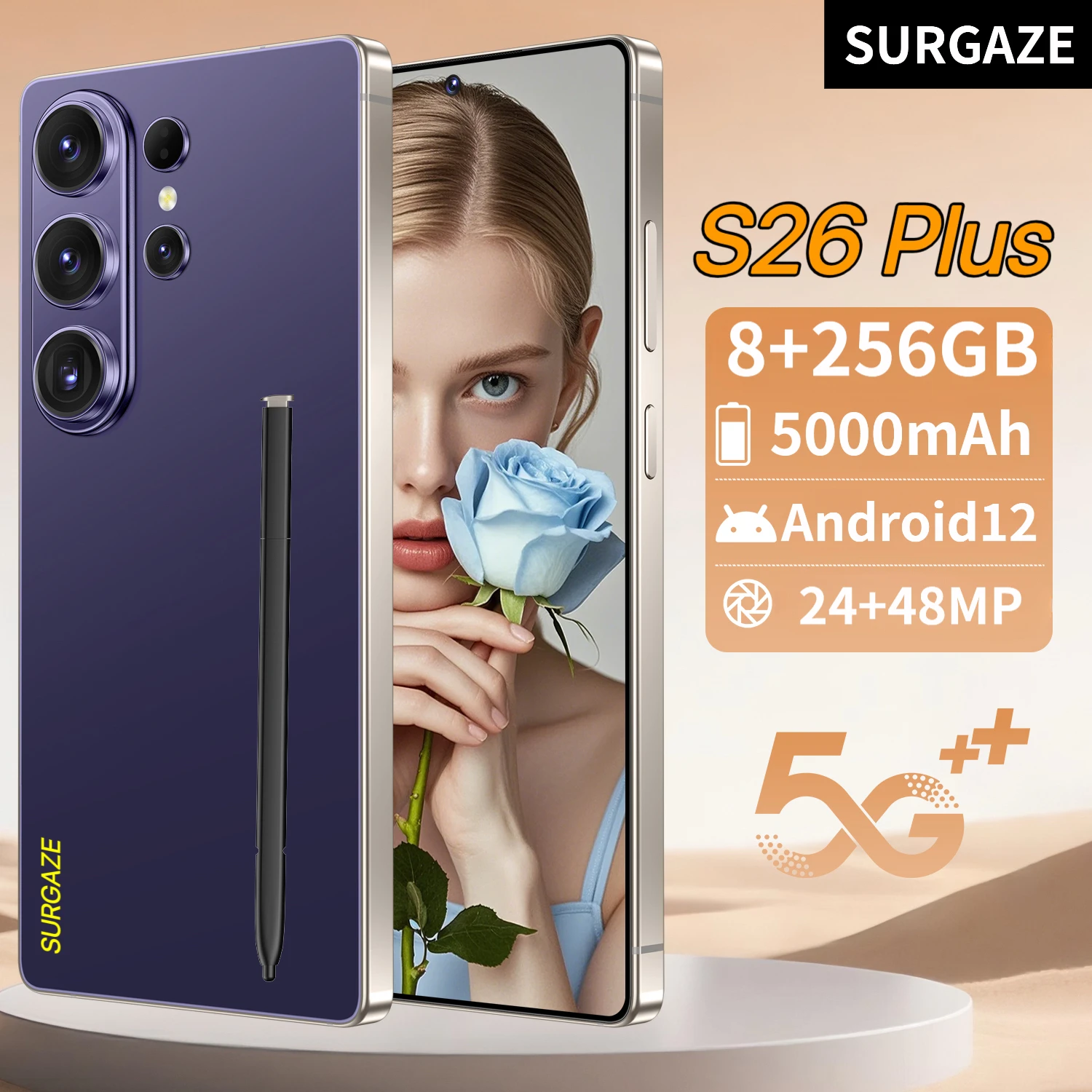 SURGAZE Global Version S26 Plus Smartphone 5G Android 5000mAH 8GB RAM 256GB ROM 6.56Inch 24+48MP 5G Network Mobile Phone