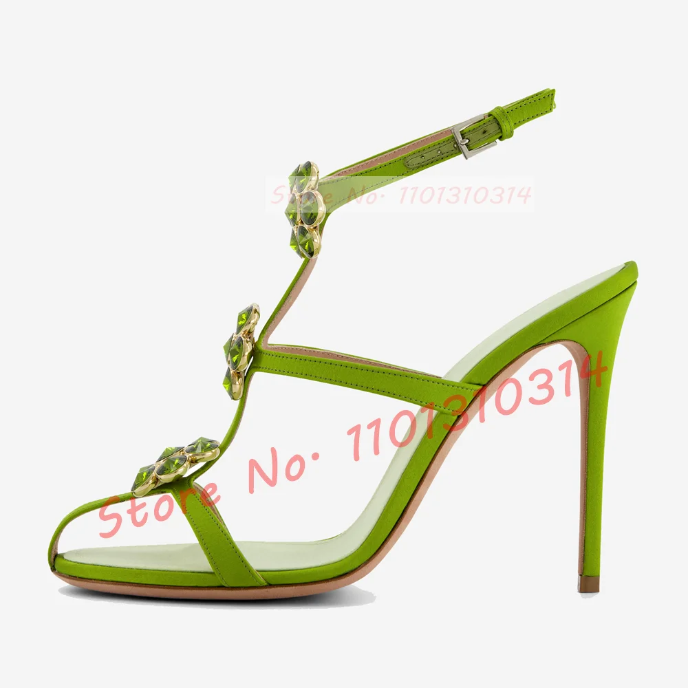 Gems Flowers Green Heeled Sandals Women Slender T-strap Bling Luxury Shoes 2023 Catwalks New Casual Party Summer Yellow Sandals