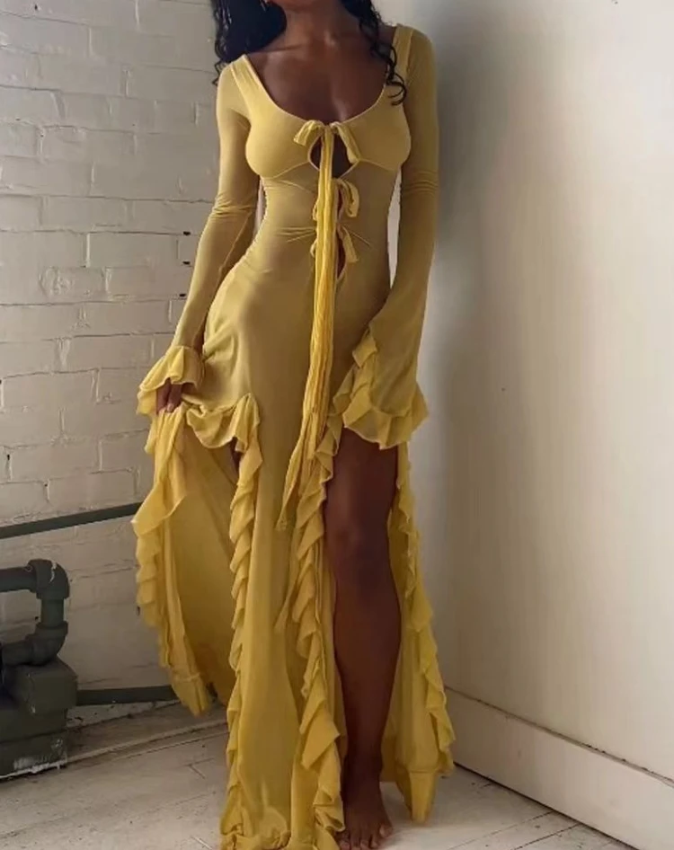 

Novelty Woman Dress 2024 Sexy Slim Fit See Through Dress with Long Sleeves and Ruffled Edges Dress Casual Women's Dresses