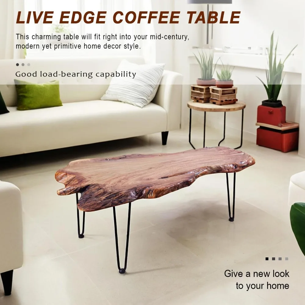 طاولة قهوة خشبية، طاولة قهوة فريدة من نوعها ذات حافة حية لغرفة المعيشة