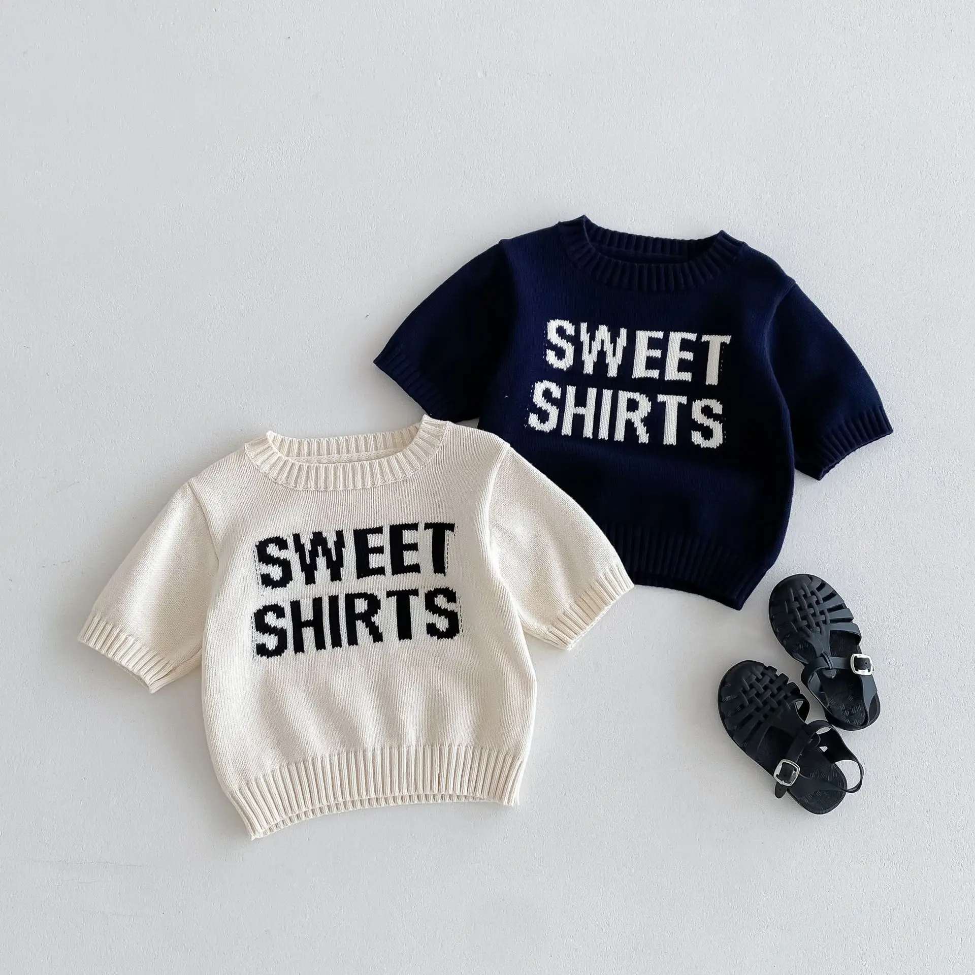 

Children Knitted Short Sleeve 2024 Spring Summer New Baby Boys Girls Simple Letter Knitwear Toddler Kids Casual Pullover Tops