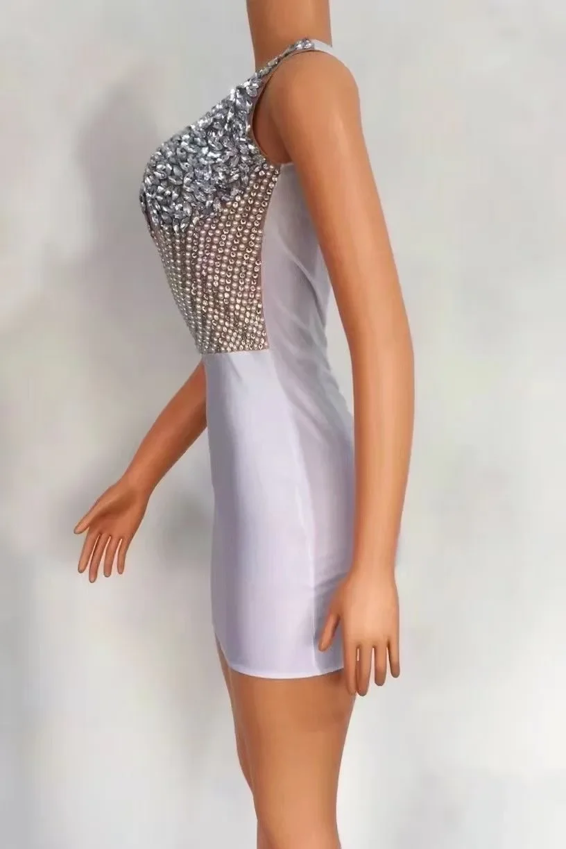 Multicolorido sem mangas brilhantes strass sexy vestido sem costas para mulheres boate festa roupas baile de formatura dança wear traje de palco