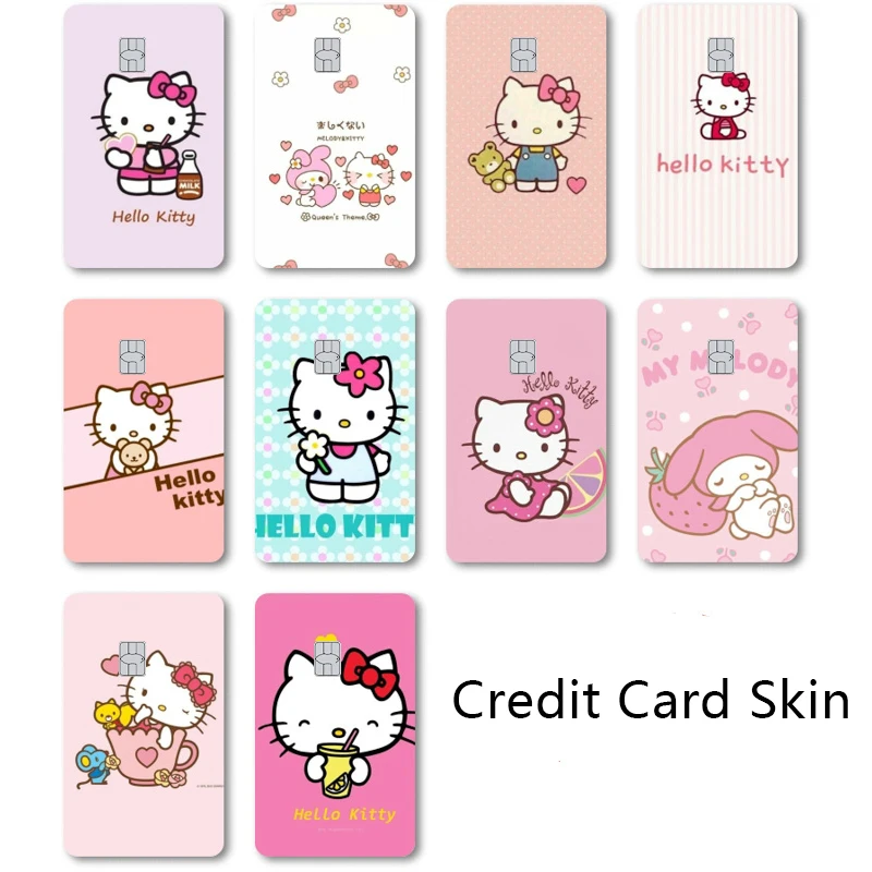 Creative 10pcs New Hello Kitty Sanrios Wholesale Credit Card Stickers Anime Cute Debit Bank Card Bus Rice Cards Case Film Cover