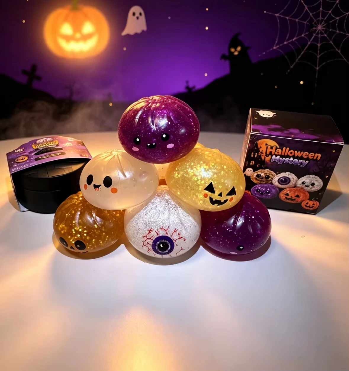 Halloween Mystery Bun Squeeze Toy Blind Box Glitter Squishy Fidget Toy Horror Eyeball Pumpkin Shape ASMR Stress Relief Toy