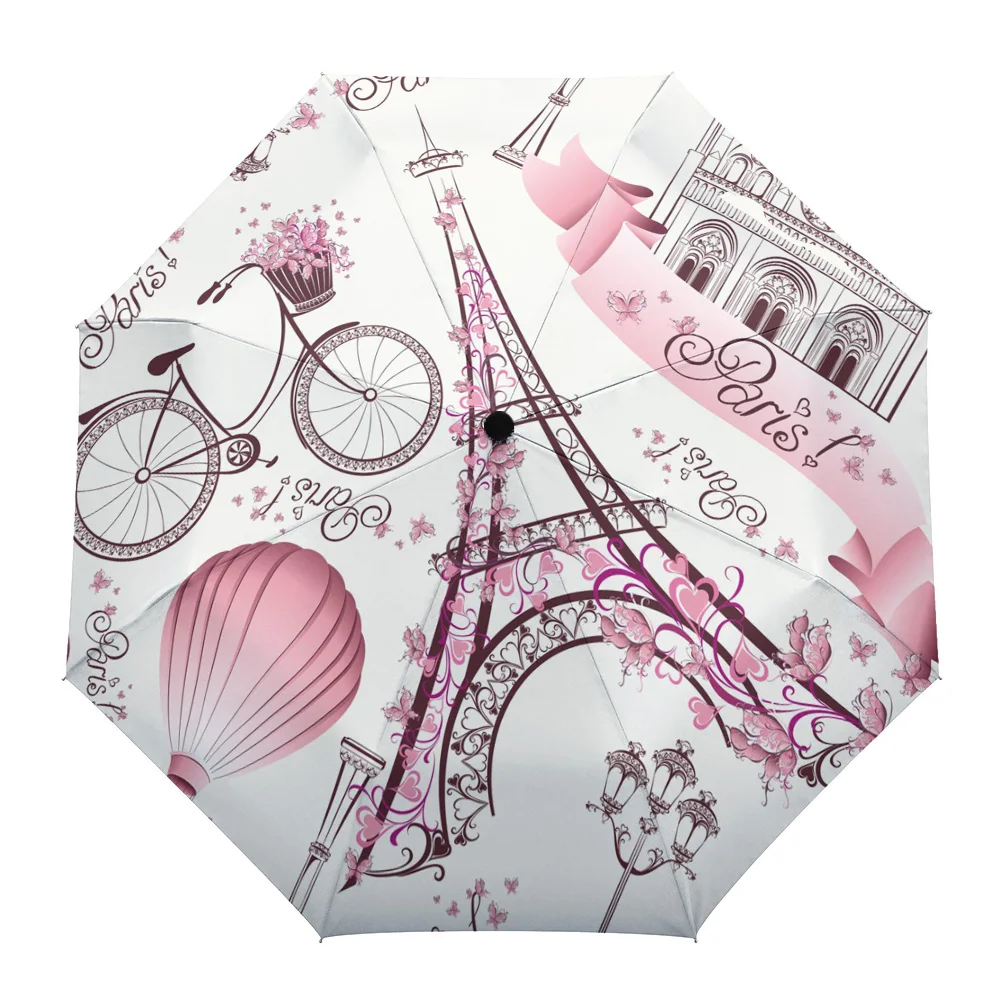 Paris Eiffel Tower Bicycle Flowers Creative Umbrella Rain Women Automatic Three Folding Umbrellas Windproof Parasol Parapluie