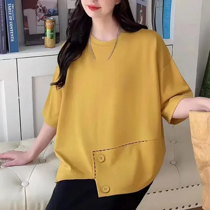 Dimanaf 2024 New Women T-Shirt Bat Female Solid O-Neck Cotton Loose Short Sleeve Buttons Big Size Tops&Tees Yellow