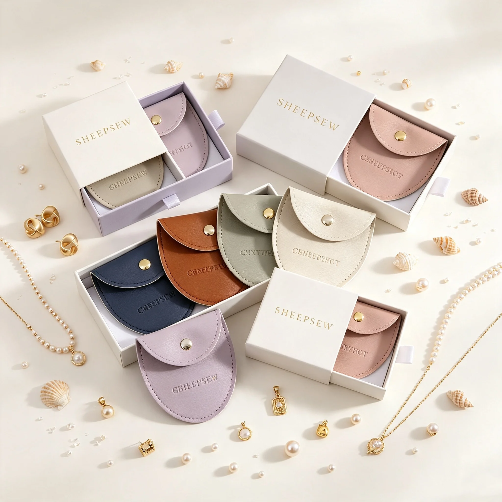 SHEEPSEW Personalized Logo Slide Drawer Jewellery Packaging Set, Cardboard Storage Box With Soft Oval PU Leather Snapor Necklace