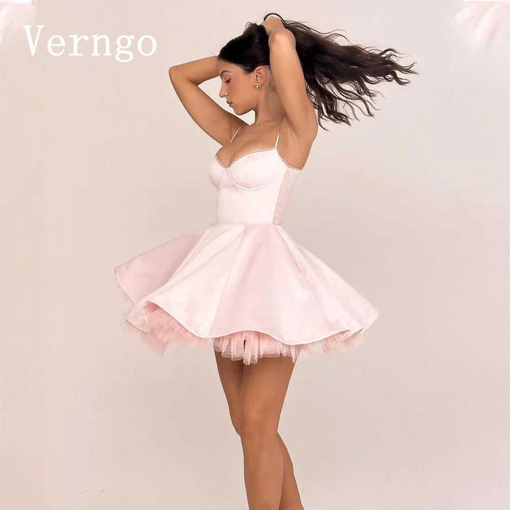 Verngo Pink Satin Mini Prom Gown Spagheti Straps A Line Short Evening Dress For Women Simple Formal Occasion Dress Customized