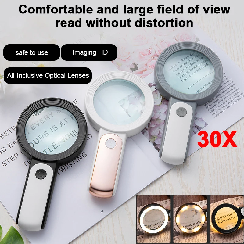 Lighted Magnifying Glass HD Imaging Optical Lens Handheld 30X Magnifier with 18 LED Illuminated Light for Elderly Reading Repair