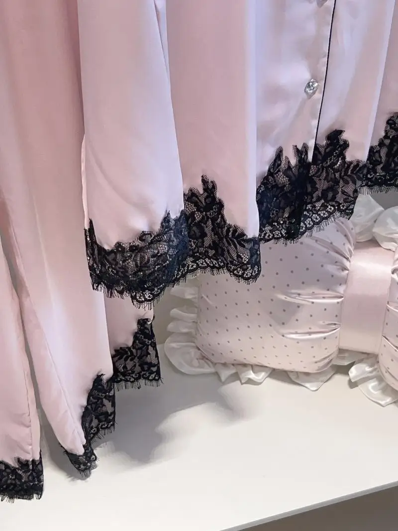 الفاخرة كبيرة الدانتيل تقليم منامة مجموعة النساء ملابس خاصة أنيقة الساتان السراويل العليا حجر الراين سوان طباعة ملابس المنزل المتسكعون 2 قطعة #5