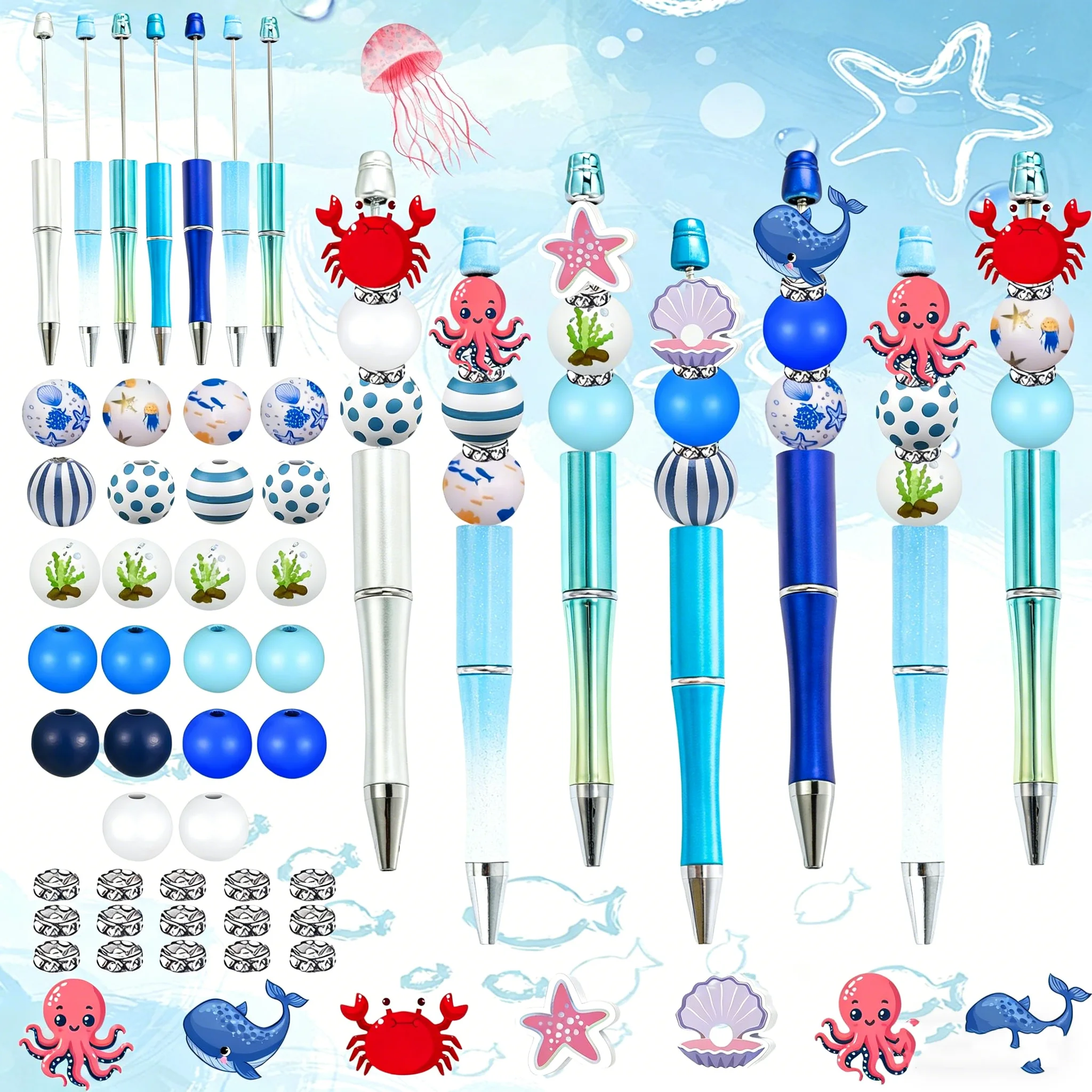

DIY Beaded Pen Set Octopus Starfish Whale Crab Bead Ballpoint Pen Stationery 7PCS Underwater World