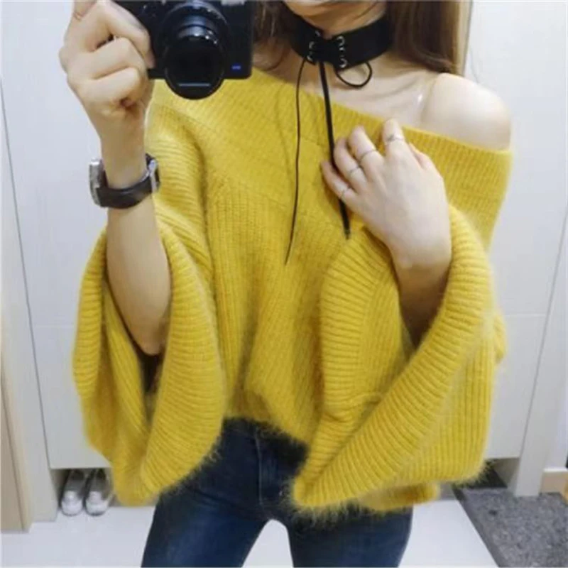 2024 Sexy Off Shoulder Knitted Sweater Women Solid Loose Flare Sleeve Pullover Female Slash neck Mink Cashmere Sweater Jumpers