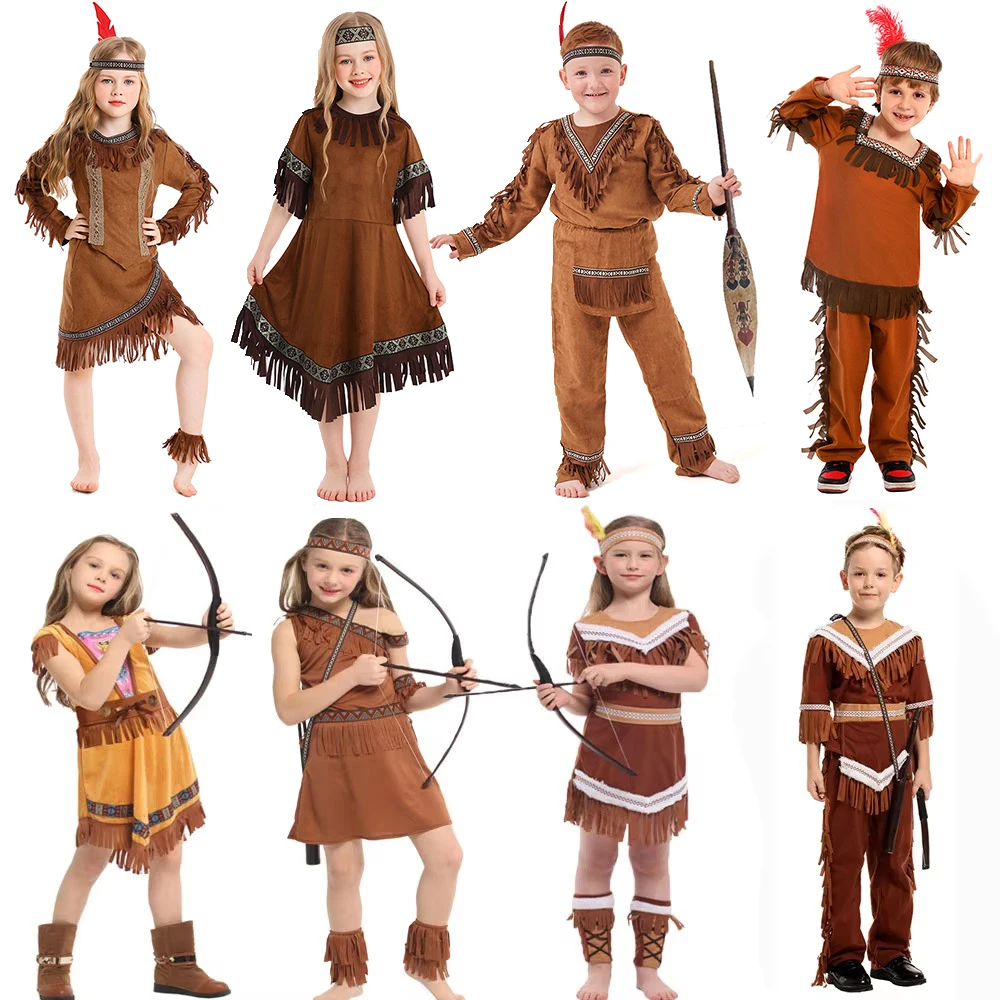 Umorden Kids Native Indian Princess Huntress Costume for Girls Child Indian Prince Hunter Costumes for Boys Halloween Dress Up
