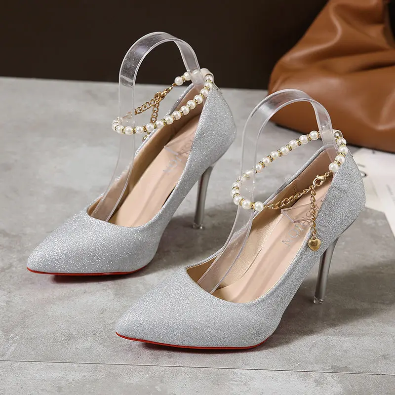 Pearl Bling String Bead Buckle Women Pumps Gold 7cm/10cm High Heels Ankle Strap Lady Party Wedding Dress Shoes Plus Big Size 45