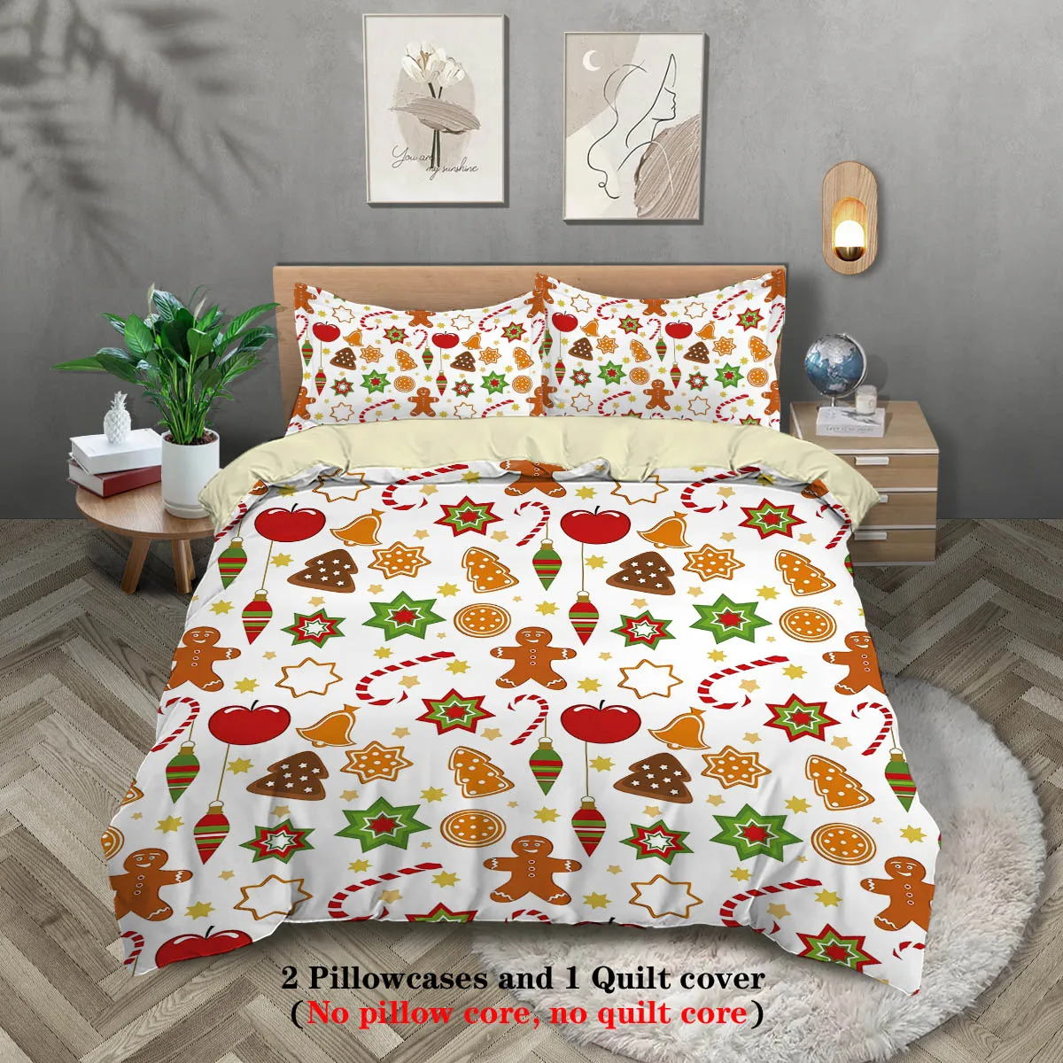 3pcs Christmas themed series set, featuring Santa Claus, and bear printed bedding patterns,For Bedroom, Guest Room