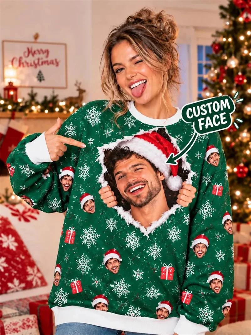 Custom Face Ugly Christmas Sweatshirt Men Women Personalized Photo Ugly Sweater Crewneck Long Sleeve Holiday Party Pullover Gift
