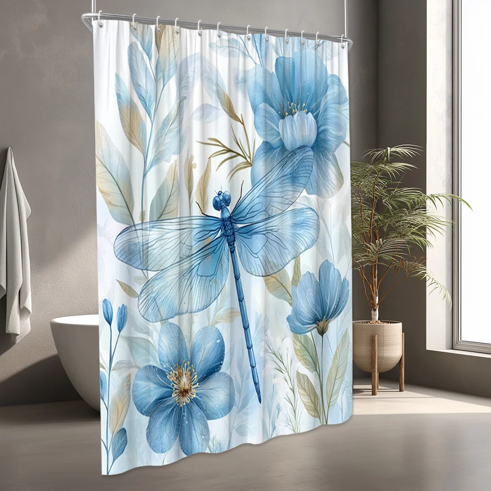 Watercolor Floral Dragonfly Blue Flower Shower Curtain Set for Bathroom Decoration Bohemian Natural Polyester Home Decor Curtain