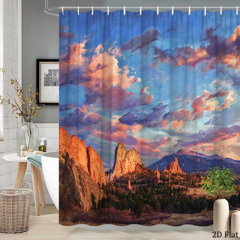 

Aesthetic Nature Landscape Shower Curtain Waterproof Red Rocks Sunset Mountain Print for Bathroom Decor 180x200cm Curtain
