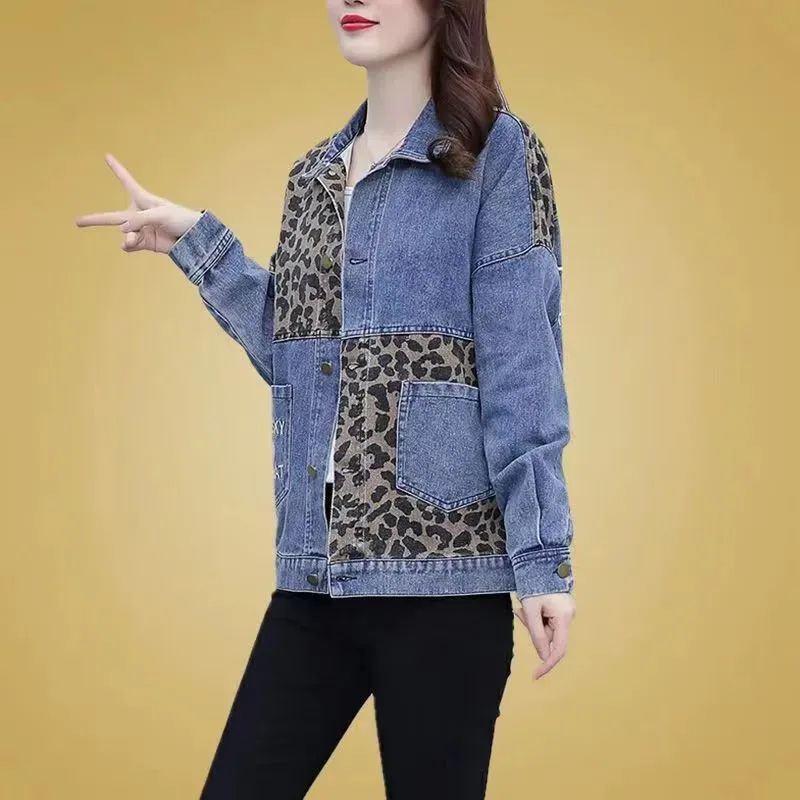 2023 Leopard Print Denim Jacket Women's Spring Autumn Stitching Short Jackets Fashion Cowgirl Coat Loose Pocket Outwear Female