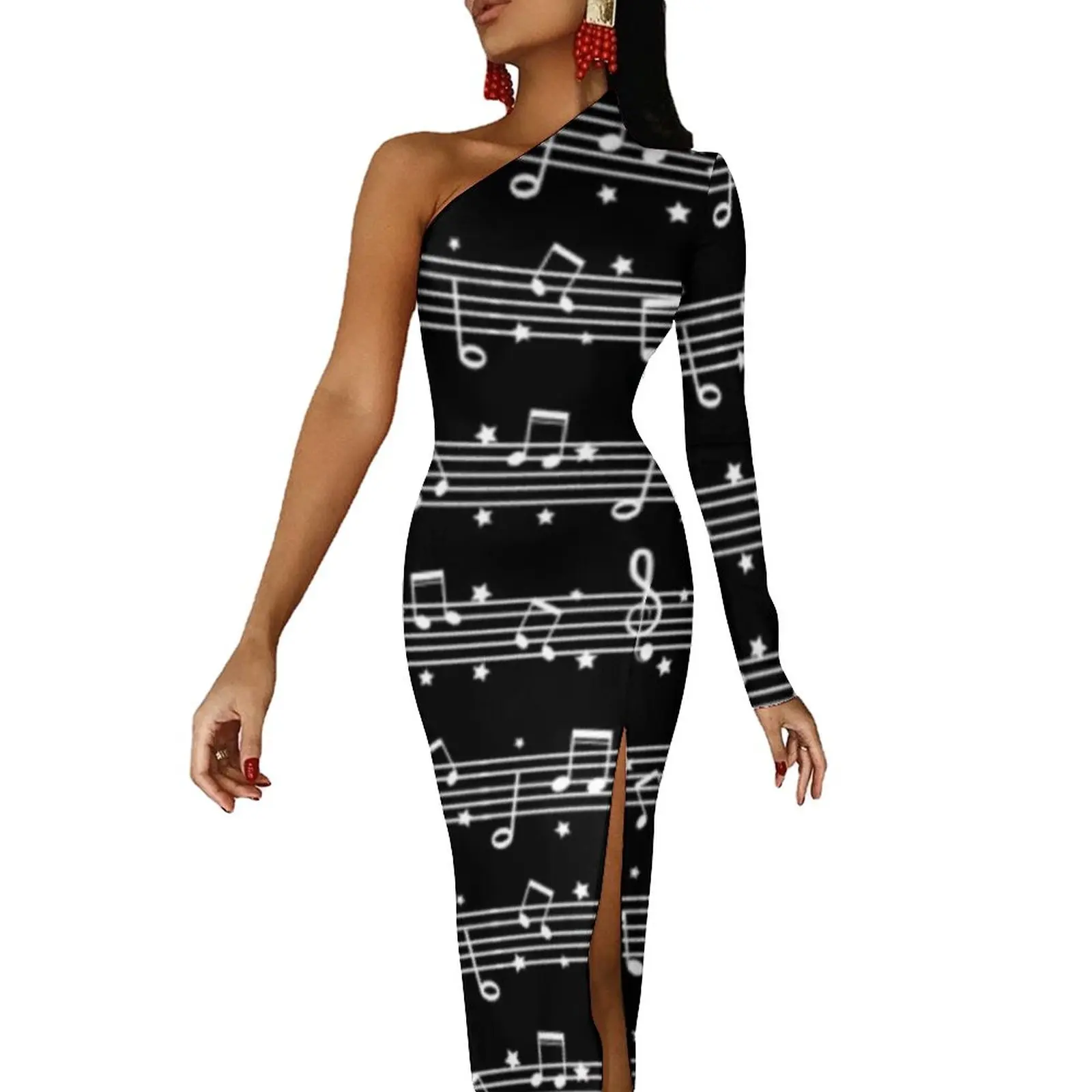 Music Notes White Bodycon Dress Autumn Monochrome Elegant High Slit Long Dresses Ladies One Shoulder Graphic Streetwear Dress