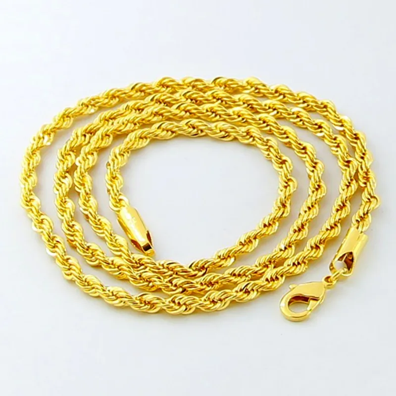 Hip Hop 24K Gold Necklace 3MM Twisted Rope Twist Electroplating Gold Necklace for Men Women Wedding Jewelry Gifts