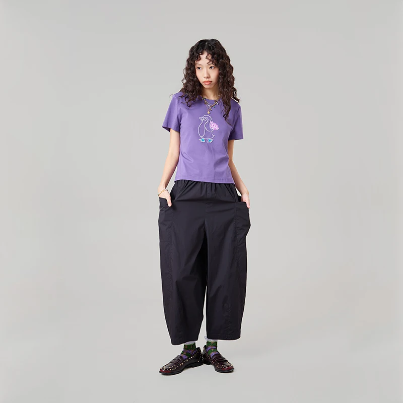 MOVEUP Straight Leg Pants For Women 2026 Summer New Cotton Elastic Waist Fun Woven Label Pocket Minimalist Trousers 3ELX20125