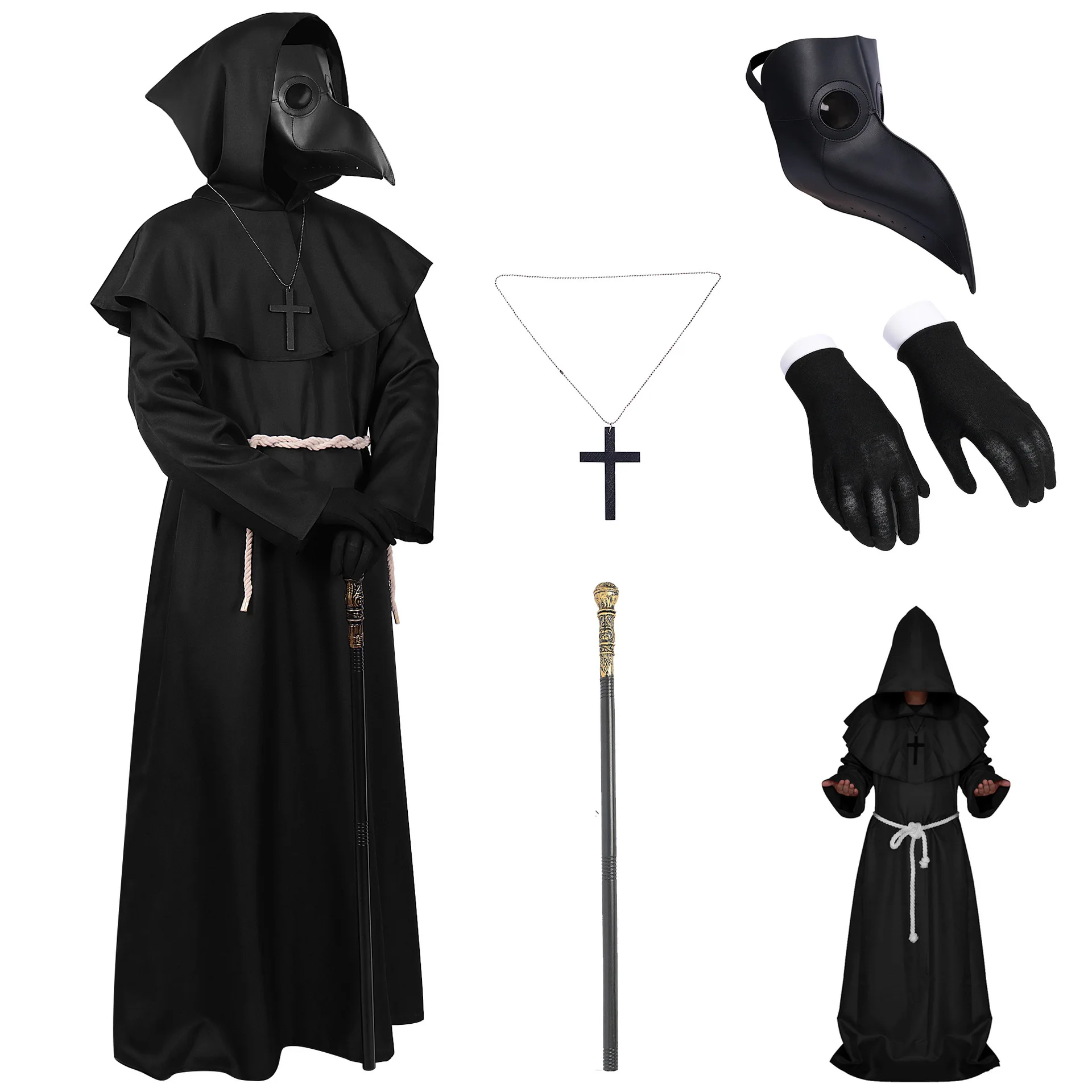 Halloween Medieval Cosplay Masculino, Manto Encapuzado, Médico da Praga, Monge, Feiticeiro de Terror, Manto, Capa, Chapéu, Steampunk, Sacerdote, Novo