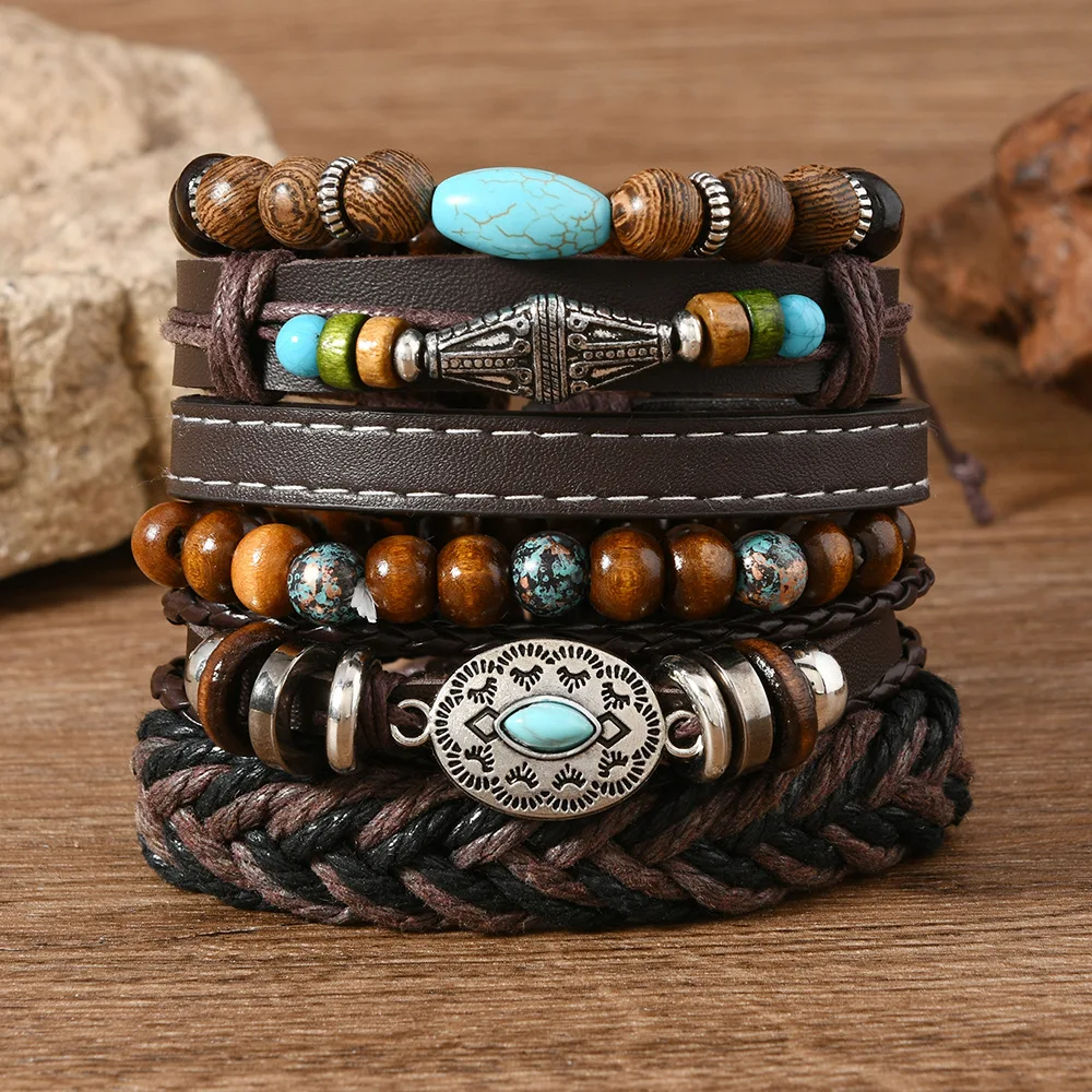 Vintage Feder Casual 6 Teil/satz Baum Handgemachte Männer Armbänder Männliche Frauen Leder Armbänder Männer Armreif Großhandel Schmuck Geschenk – Detail 3