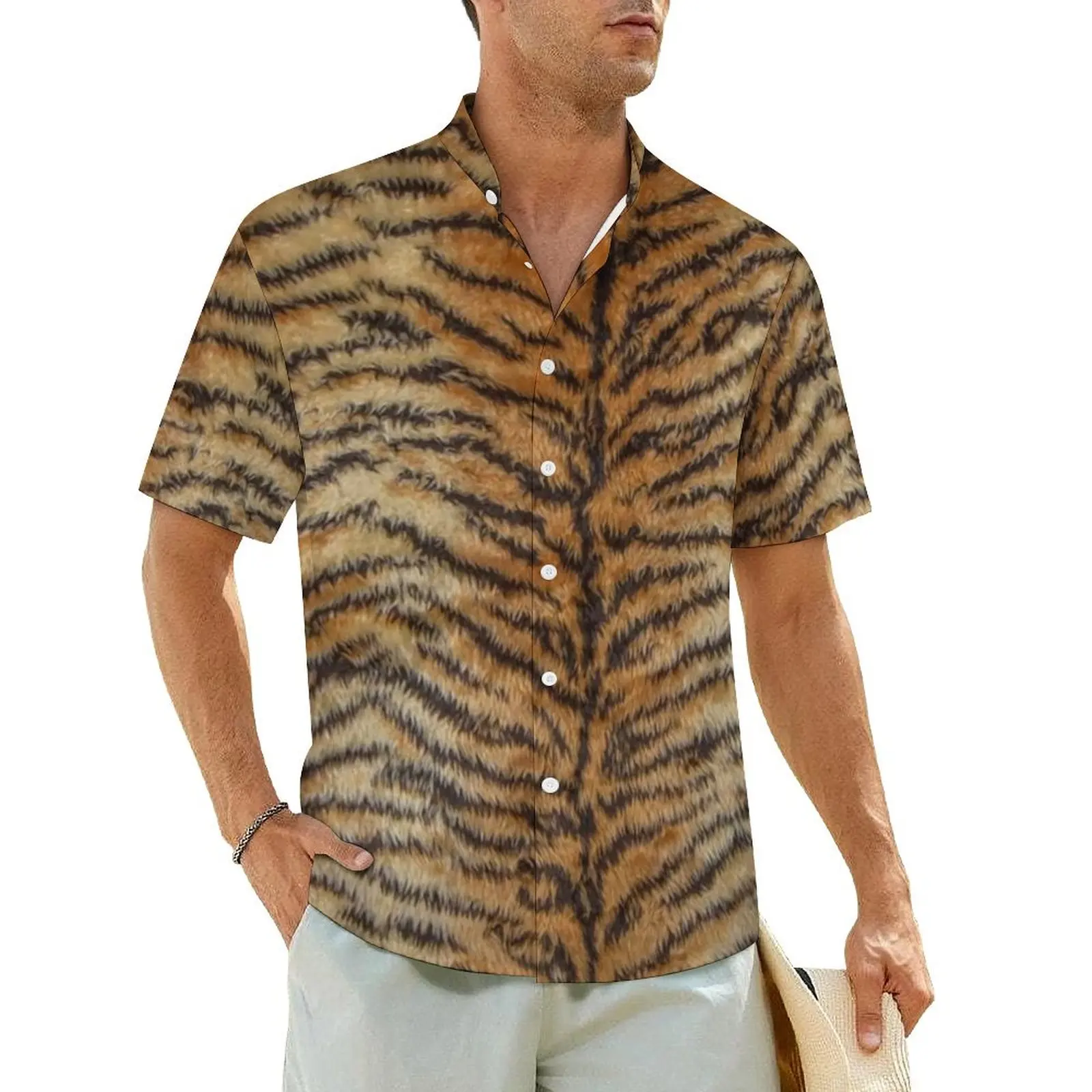 

Tiger Print Beach Shirt Fur Animal Stripes Hawaii Casual Shirts Man Trendy Blouses Short Sleeve Street Style Pattern Clothing