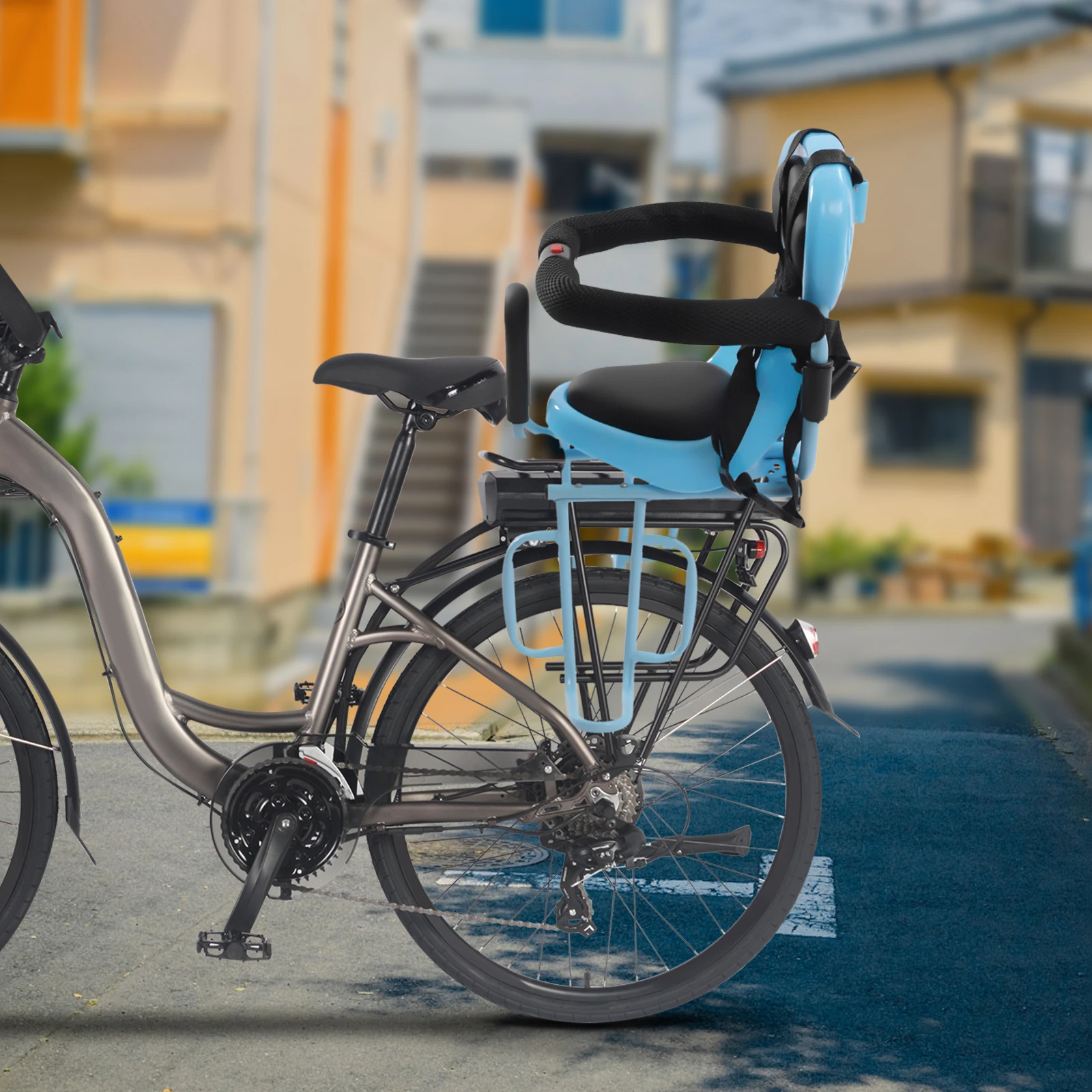مرفق مقعد الدراجة الخلفي للأطفال للبالغين مع حزام أمان ومسند للقدمين وحامل دراجة للأطفال مناسب للأطفال #5