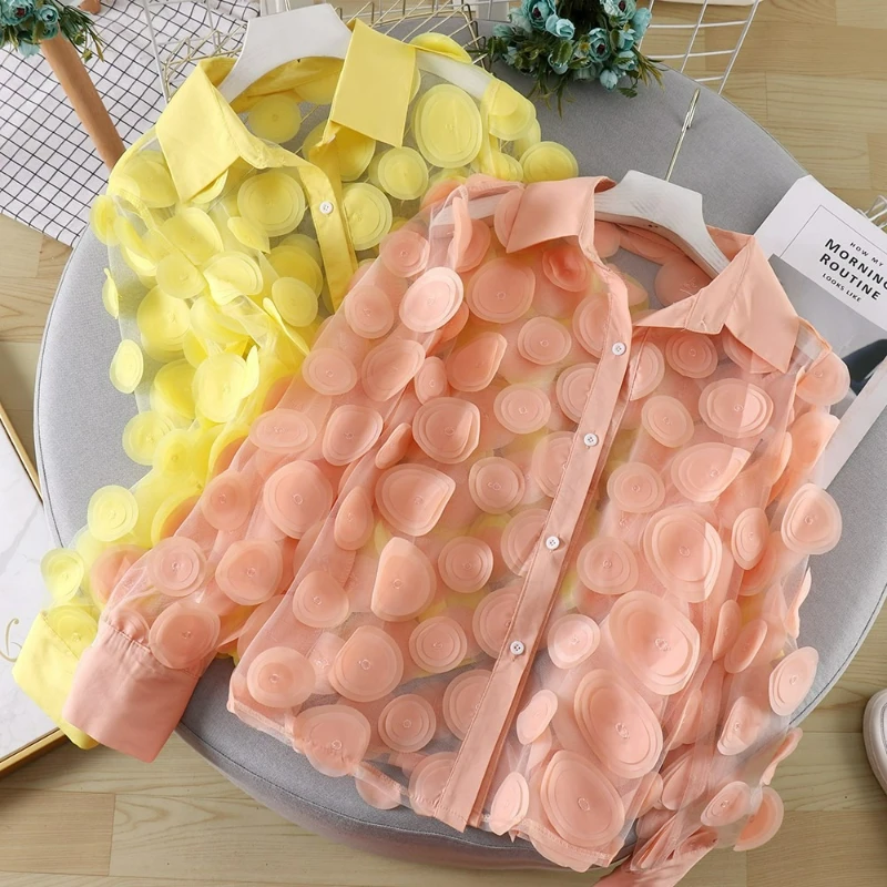 

Women T Shirt Hollow Out Mesh Blouses Single Breasted Shirts Lantern Sleeved Spliced Streetwear Solid Lady Summer 2025