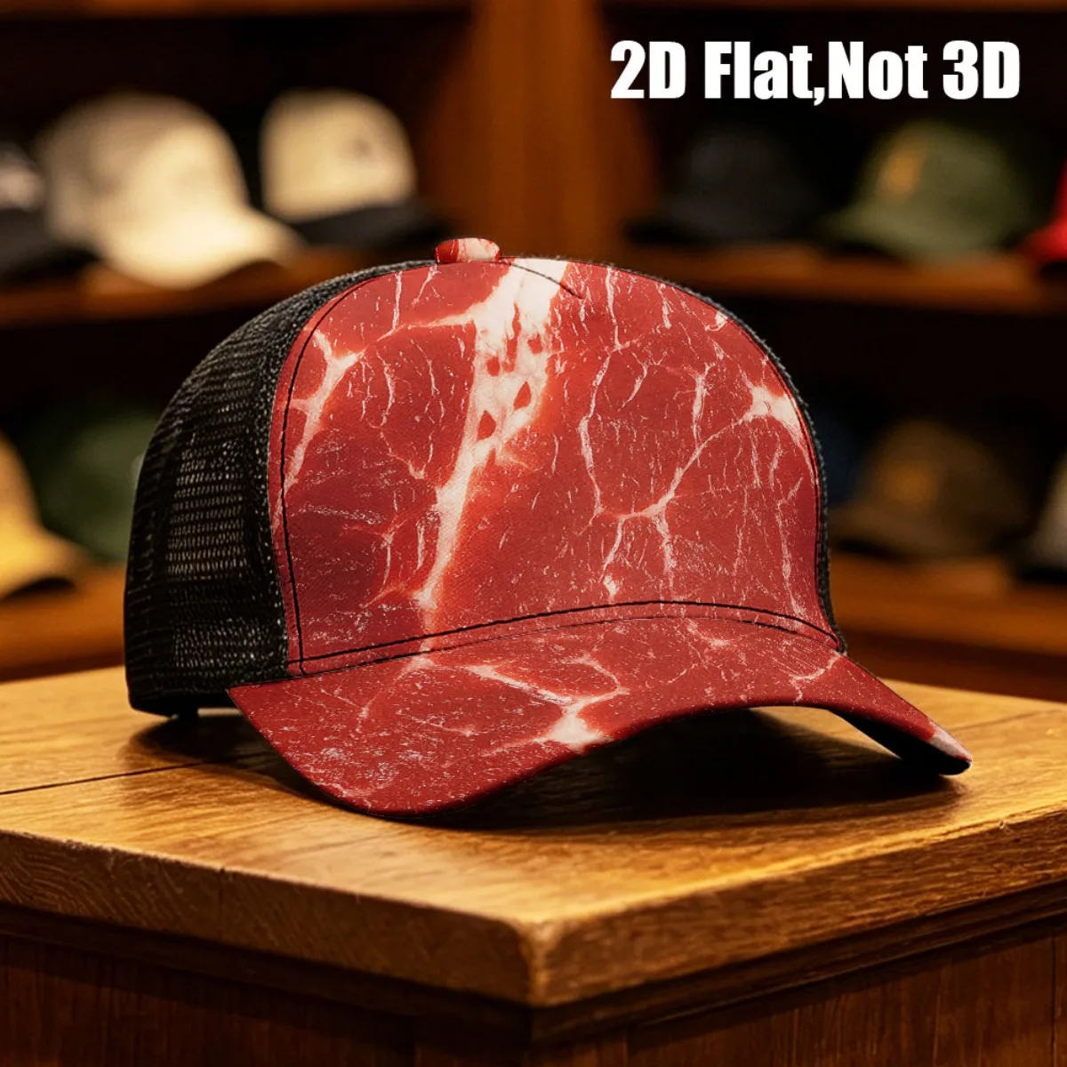 1pc 2D Flat Baseball Cap with Realistic Red Meat Marbling Pattern Print Adjustable, Durable, Lightweight, Breathable