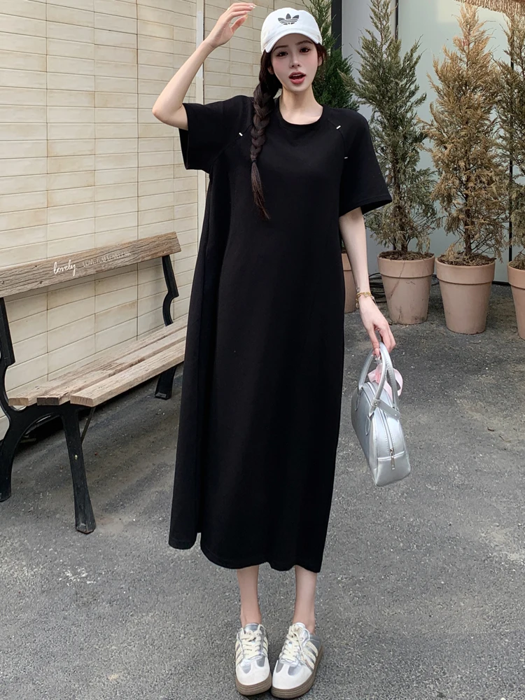 NYFS Tシャツサマードレス 2025 韓国スタイルの女性のルーズプラスサイズ半袖固体ロングドレスローブ Elbise