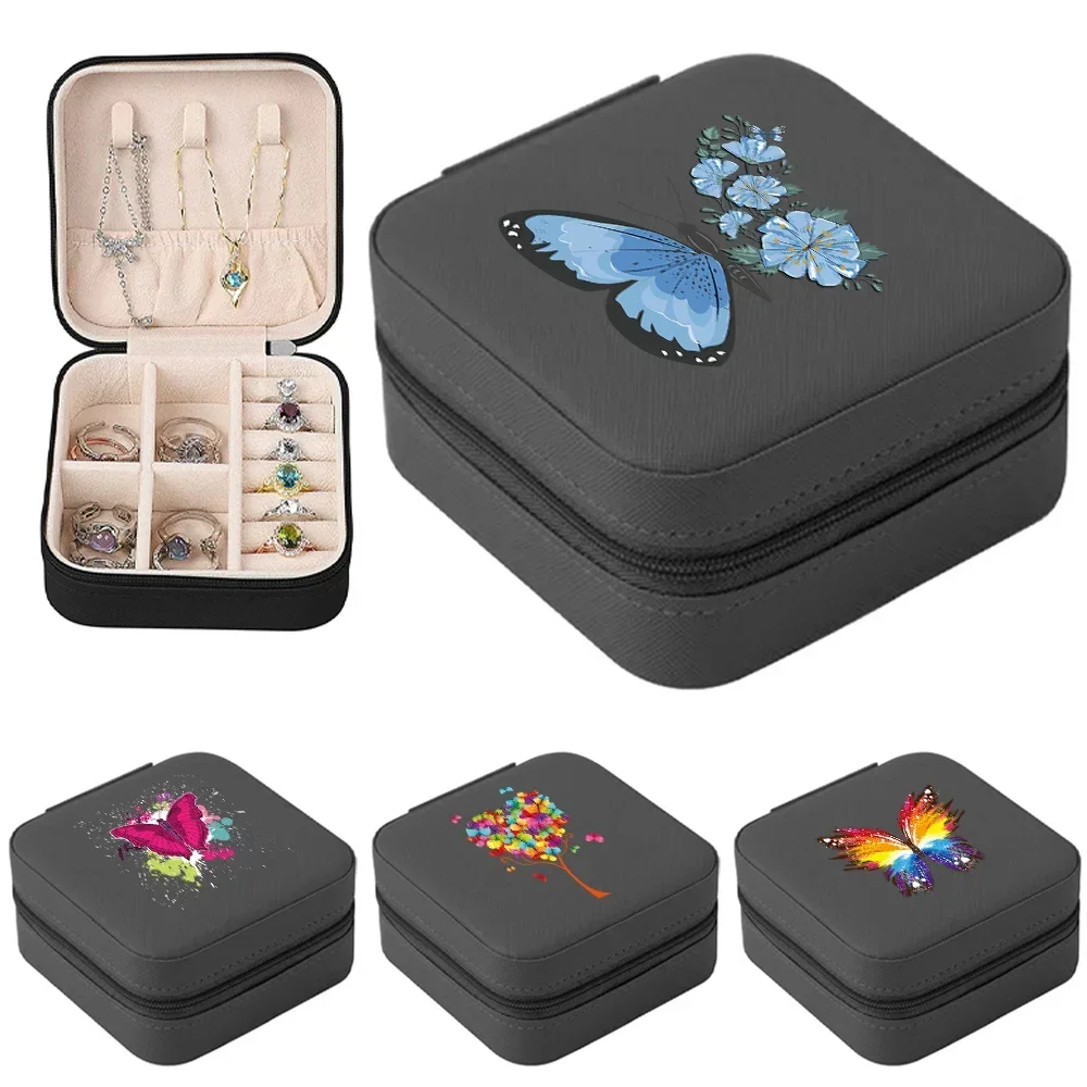 Travel Jewelry Storage Box Double Ring Earrings Organization Butterfly Pattern Print Zipper Leather Handbag Large Flap Box
