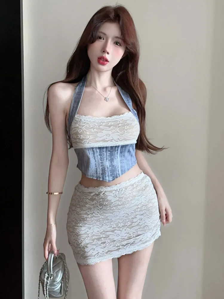 

Sweet Spicy Girl Lace Patchwork Short Crop Top Women Summer Sexy Half Skirt Strap Vest Korean Style Commute Pure Desire