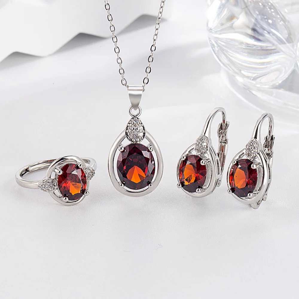 

Romantic Lab Ruby Diamond Jewelry Set 925 Sterling Silver Party Wedding Oval Gemstone Ring Earring Necklace for Women Jewelry