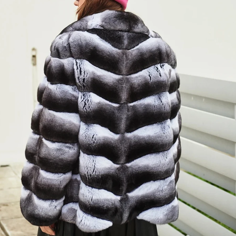 Casaco de Chinchilla para mulheres, Casaco Real Rex Rabbit Fur, Marcas luxuosas, Casaco de inverno quente com capuz