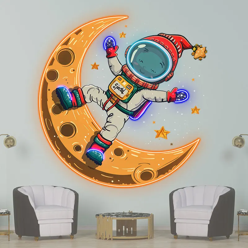 Merry Christmas Astronaut neon signs: A Holiday Miracle Swimming in Space on a Yellow Bent Moon