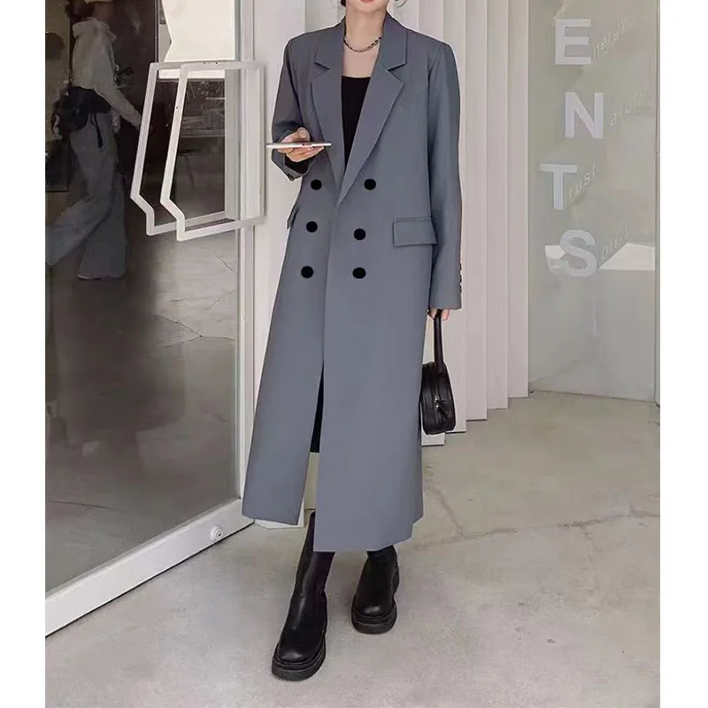 Cinza sólido harajuku casaco longo solto feminino trench primavera outono 2024 nova moda coreana popular casual acessível trench coats