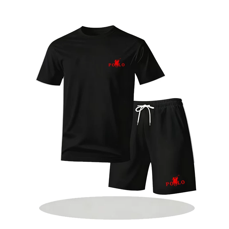 Men's 2 Piece Casual Tracksuit, POLO Horse Print Crew Neck T-Shirt and Drawstring Shorts Summer Sport Outfit Set view 3