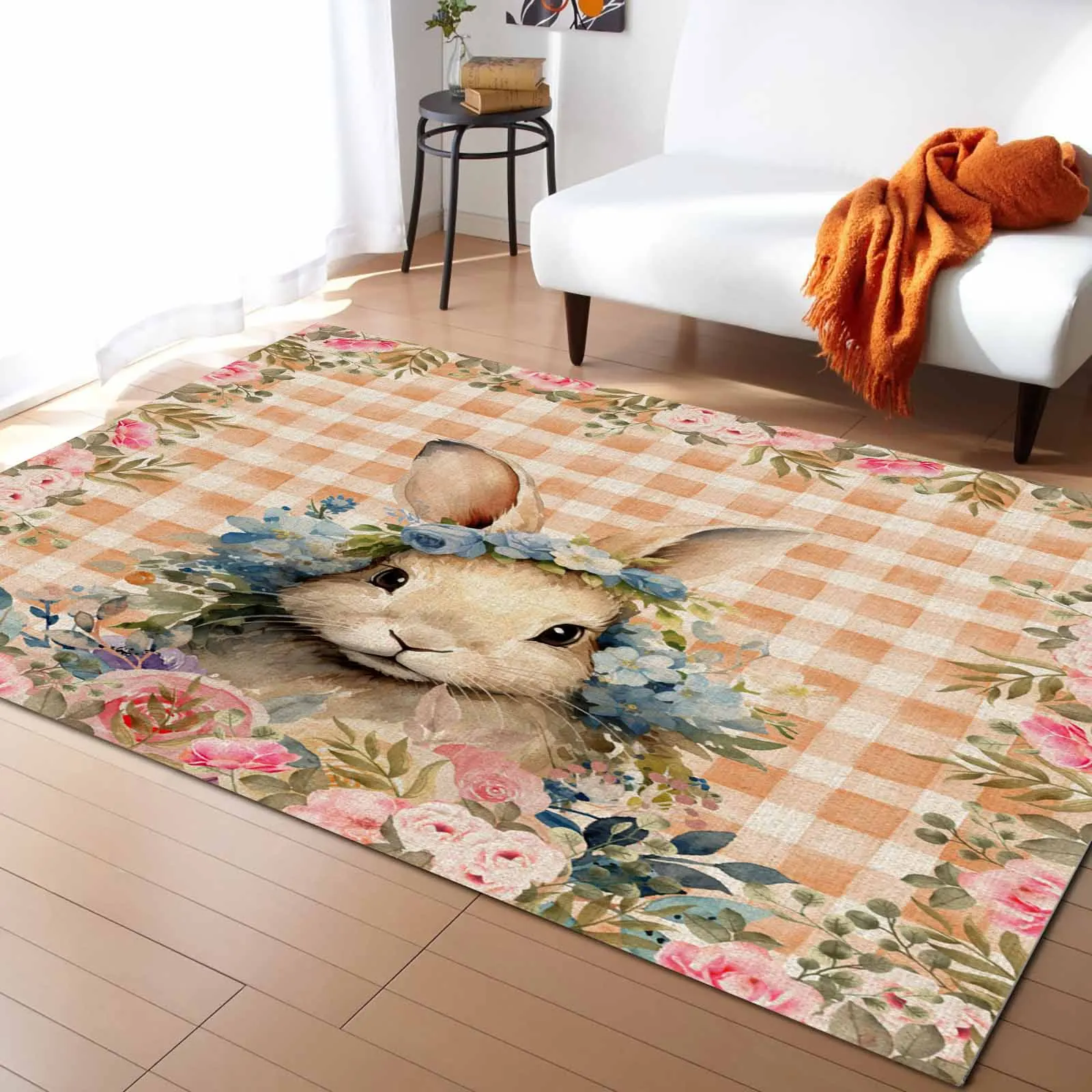 

Easter Rabbit Watercolor Flower Living Room Floor Mat Children's Bedroom Bedside Carpet Kitchen Door