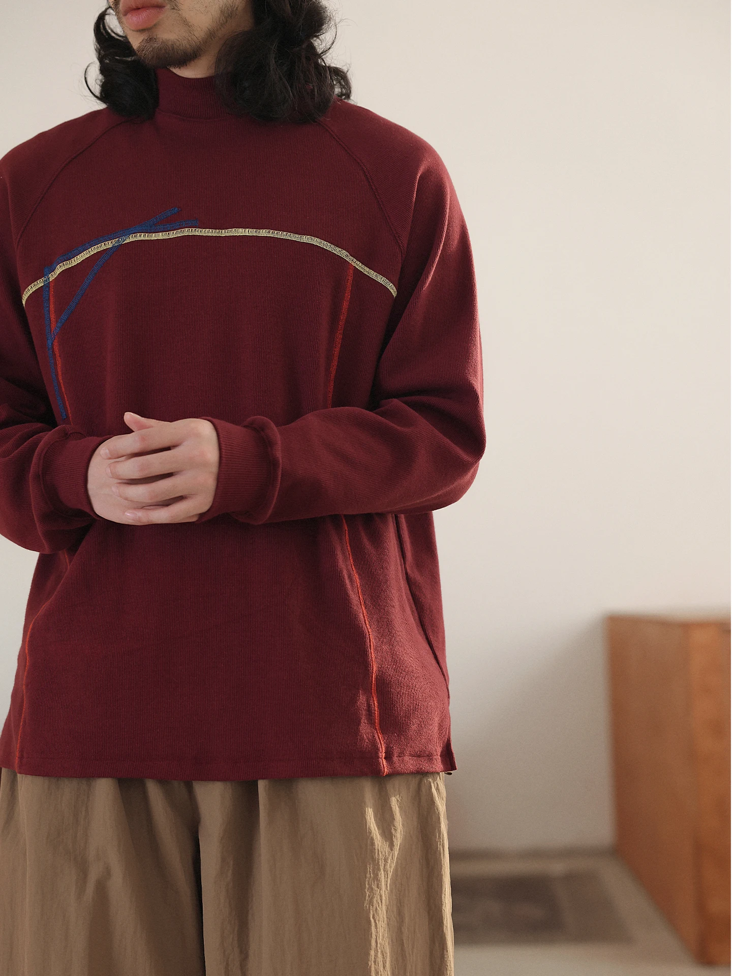 

Loose Long Sve Knitted Ribbed Base irt f High Collar Red Vintage Sle T-irt for Men And Women Breathable Cotton Po...