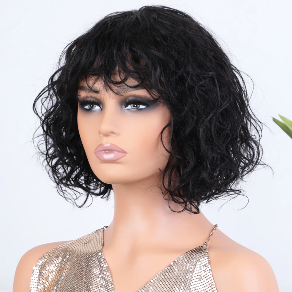 

Lekker Short Pixie Water Wave Bob Human Hair Wig With Bangs For Women Brazilian Remy Hair Full Machine Made 10" Natural Dark Wig