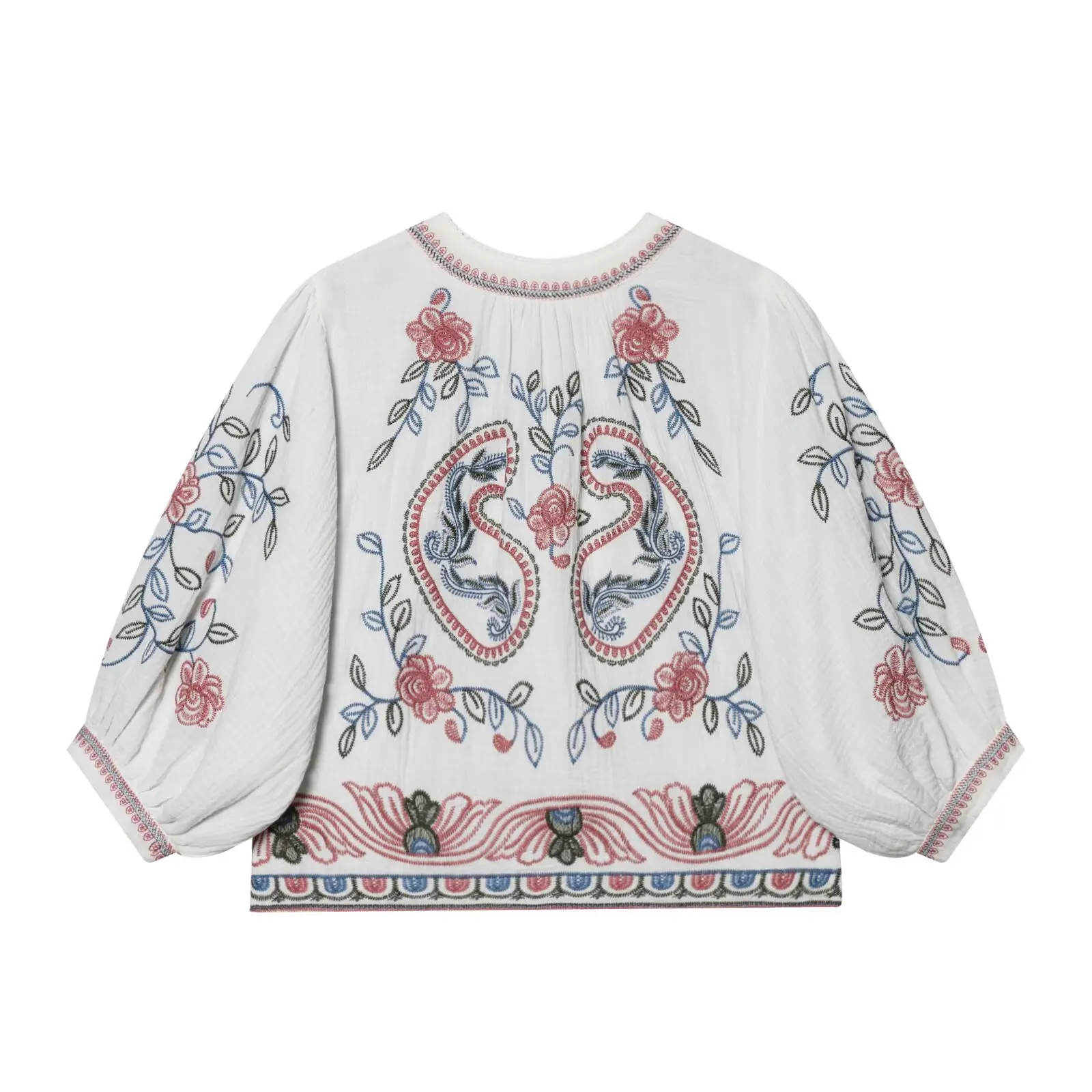 BOHO O Neck Ivory White Embroidery Flower Half Lantern Sleeve Shirt Holiday Women Open Stitching No Button Blouse Causal Tops