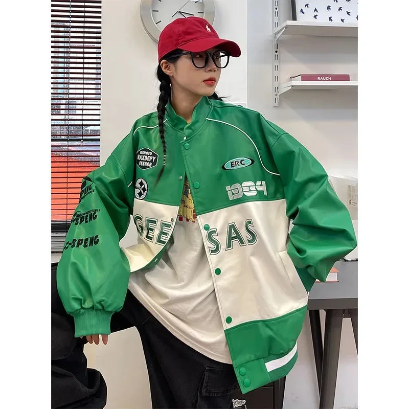 

ZOXUO Jackets for Women 2023 Spring Autumn Vintage Motor Jacket High Street Splice Baseball Coat